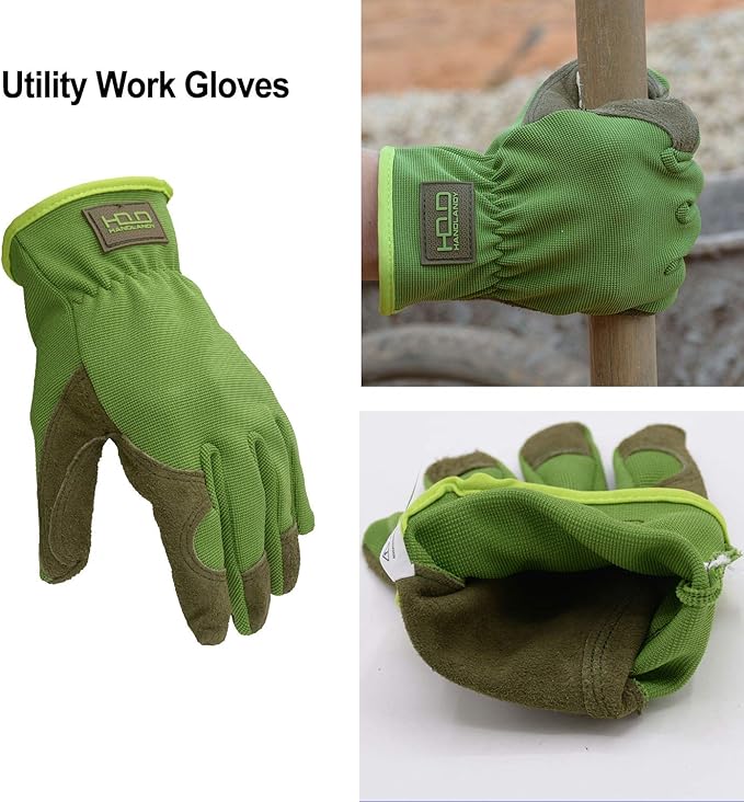 HANDLANDY Men Leather Gardening Gloves, Utility Work Gloves for Mechanics, Construction, Driver, Dexterity Breathable Design