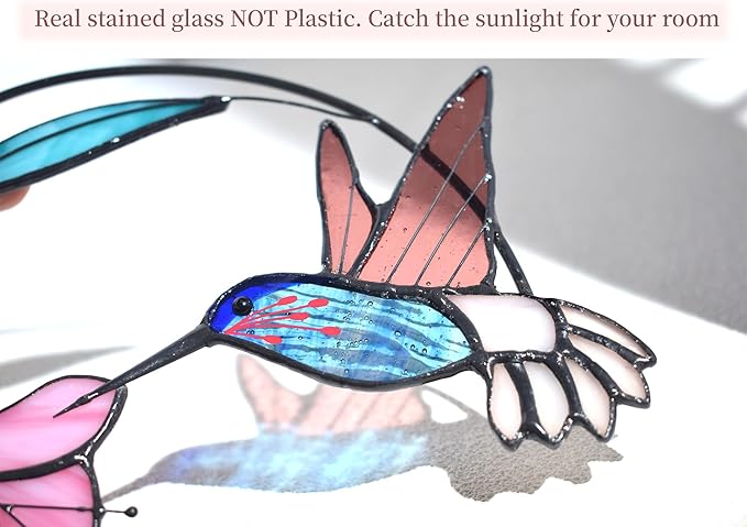 Lolitarcrafts Stained Glass Hummingbird Window Hangings with Flowers, Bird Stained Glass Suncatcher for Window Decor Hummingbird Gifts for Mom,Bird Lovers (Blue with Flower B)