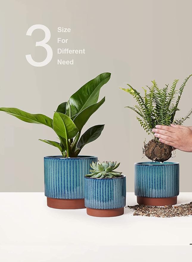 LE TAUCI Ceramic Plant Pots with Drainage Holes, Set of 3, 8+6.7+5.5 Inch Stripe Garden Planter Pots for Outdoor Indoor Plants Flower, Round Succulent Orchid Flower Pot, Reactive Glaze Black
