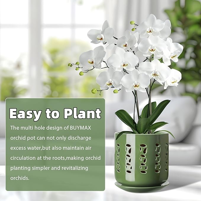 Ceramic Orchid Pots with Holes, 5 Inch+6 Inch Orchid Planter with Drainage Holes and Tray, Indoor Flower Pot for Repotting Orchids, Elegant Patina Glaze