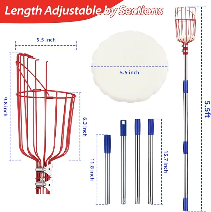 Fruit Picker Pole with Basket - Apple Picker Long Handle Telescoping, 5.5 FT Stainless Steel Fruit Picking Pole Extendable Fruit Catcher Tool for Avocado, Apricot, Pear, Orange, Mango Trees Picking