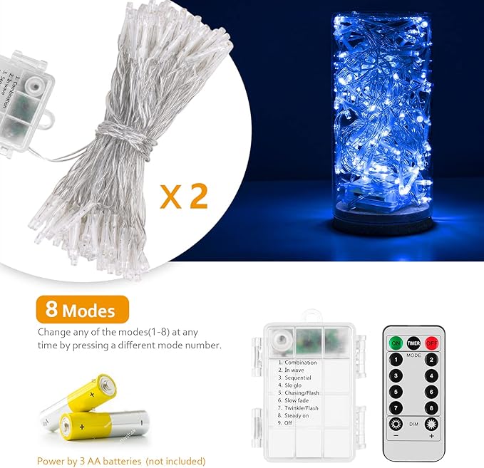 String Lights, 2 Pack Battery Operated String Lights with Remote Timer Waterproof 8 Modes String Lights for Bedroom,Garden,Party,Xmas Tree Indoor Outdoor Decorations (Blue, 16.4)