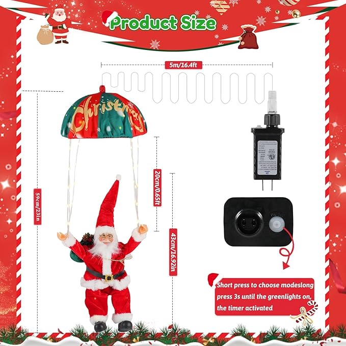 Christmas Decorations Lights Outdoor, 88 LED Christmas Parachute Lights with Santa Claus, 8 Modes Hanging Warm White Xmas Light, Holiday Decorative Lighting for Roof Eave Porch Balcony Indoor Decor