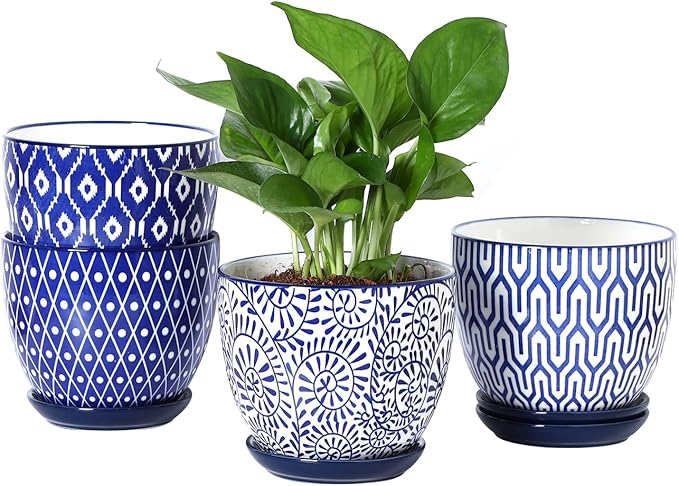 Selamica Ceramic Plant Pots, 5.6 Inch Flower Pots for Indoor Plants, Planters with Drainage Hole and Saucer, Garden Pots for Succulent, Orchid, Home Decor, Set of 4, Vintage Blue
