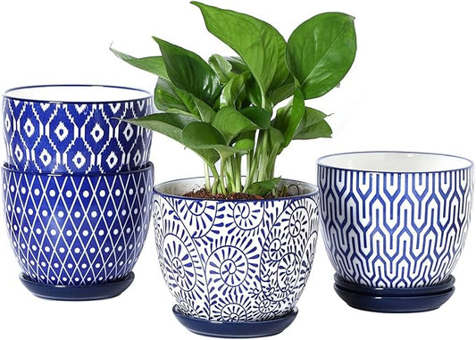 Selamica Ceramic Plant Pots, 5.6 Inch Flower Pots for Indoor Plants, Planters with Drainage Hole and Saucer, Garden Pots for Succulent, Orchid, Home Decor, Set of 4, Vintage Blue