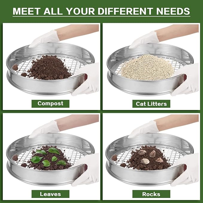 11.81 Inch Sand Sifter Sieve for Gardening Sand Sifter Garden Dirt Sifter for Rocks Stainless Steel Soil Riddle Sieve Mesh Filter Compost Screen 12.5 mm in Hole Size Bonsai Gardening Tool