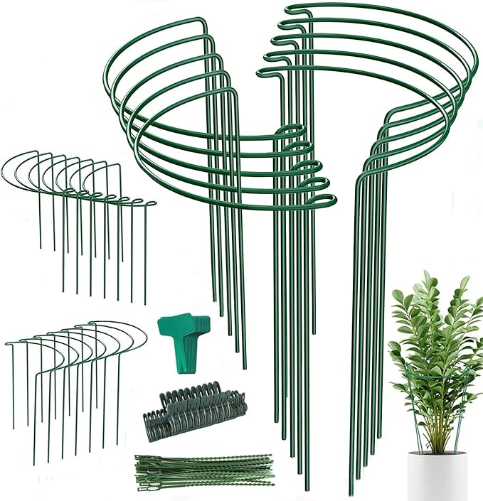 24 Pack Plant Support Stake, Half Round Metal Garden Plant Stake, Green Plant Support Ring, Border Support with Plant Lables & Plant Clips for Outdoor Indoor Plants, Vegetable, Flowers