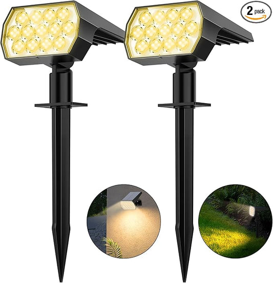 WELALO Solar Spot Lights Outdoor, [2 Pack/52 LED/3 Modes] 2-in-1 Solar Landscape Spotlights, Solar Powered Security Lights, IP65 Waterproof Wall Lights for Walkway Yard Garden Driveway(Warm White)