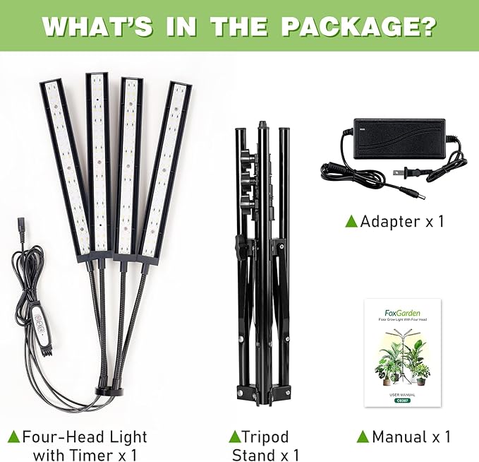 FOXGARDEN® Grow Lights for Indoor Plants Full Spectrum with Tripod Stand, Tall Plant Lights for Indoor Growing with Flexible Gooseneck, Four-Head Grow Lamp with 4/8/12H Timer & 4 Brightness Levels