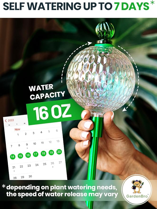 16 Oz Plant Watering Globes For Indoor Plants With Metal Self Watering Planter Insert - Premium XL Glass Hand-blown Globes - Automatic Indoor Planter Waterer, Gift Idea For Gardeners [1, Textured ]