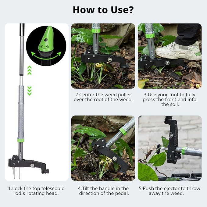 DEERFAMY Heavy Duty Stand Up Weeder Puller Tool, Adjustable 40-46in Ergonomic Long Handle Weeder Tool with 4-Claw Stainless Steel and Easy-Eject Mechanism, Weeding Without Bending, Green