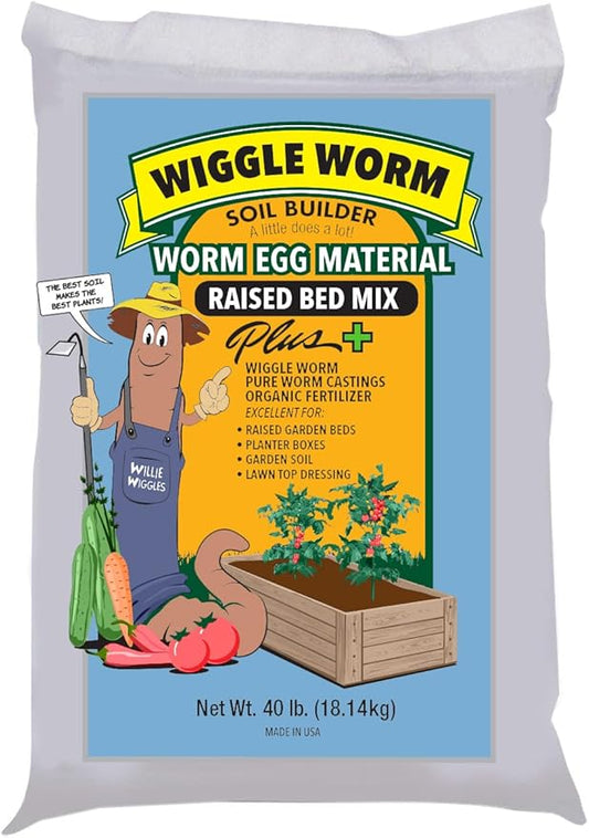 Raised Bed Mix, 40 Pound Bag - Worm Egg Material Mixed with Odor Free Wiggle Worm Pure Worm Castings - All Organic - Ready to Add Direct to Raised Bed, Planter, etc.