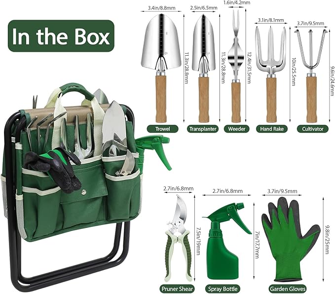 Garden Tool Set, 10 Piece Gardening Kit with Heavy Duty Folding Stool, Gardening Tools with Detachable Storage Tote Bag, Stainless Steel Garden Tools, Gardening Gifts for Women Men Green
