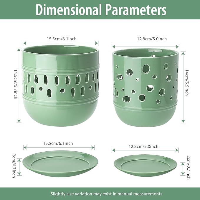 Ceramic Orchid Pot, 5+6 Inch Orchid Pots with Holes, Promoting Air Circulation and Drainage, Indoor/Outdoor Flower Pots - Pea Green