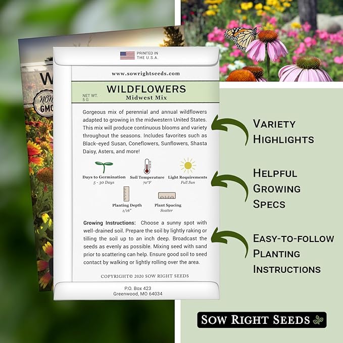 Sow Right Seeds - Wildflowers Seeds Mix for Planting in Midwest - Non-GMO Heirloom Varieties to Grow a Wild Flower Garden - Perennial and Annual Flowers to Attract Pollinators - Colorful Blooms (1)