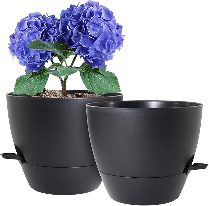 8 inch Self Watering Pots, 2 Pack Plastic Planters with Mesh Drainage Holes for Garden Plants and Flower, Plants Pots with Deep Reservoir for Indoor Outdoor Plants, Black
