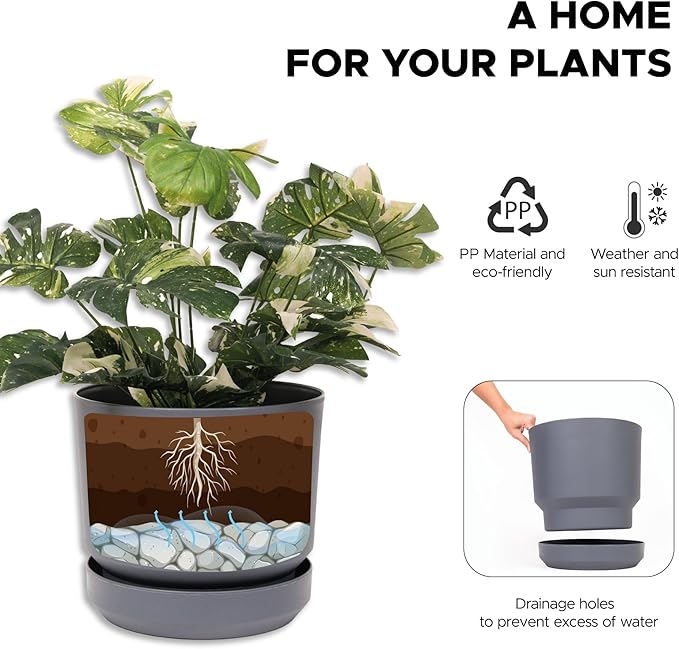 Elly Décor 14 inch Plastic Cylinder Planter Pot with Self-Watering Saucer and Drainage Hole,Lightweight & Extremely Durable, 14"x 14", Gray