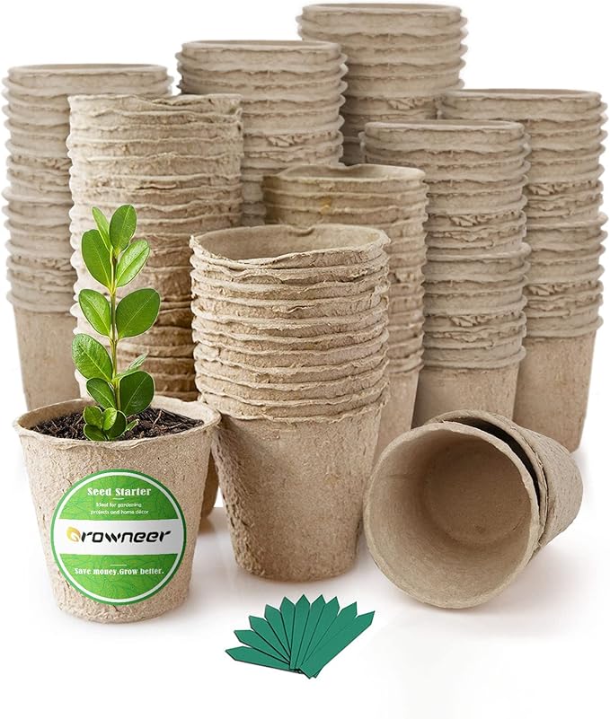 GROWNEER 120 Packs 2.4 Inch Peat Pots Plant Starters for Seedling with 25 Pcs Plant Labels Biodegradable Herb Seed Starter Pots Kits Garden Germination Nursery Pot