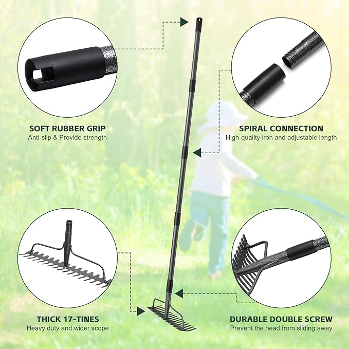 48'' Bow Rake Heavy Duty Garden Rake with Stainless Steel Handle, Tines Metal Head Rake Tool for Loosening Soil Gathering Leaf Leveling Lawn Farming Land Management Yarn Thatch Rake