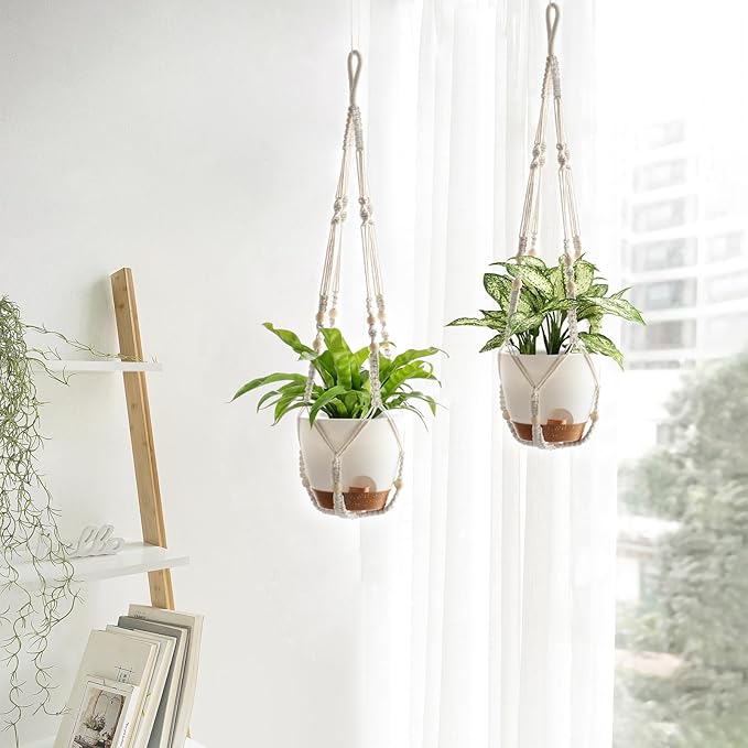 Mkono 7.5 Inch Hanging Planters, Macrame Plant Hangers with Self Watering Plant Pots Indoor Set of 2 Hanging Baskets Flower Pot Holders with Hooks No Tassels for Boho Home Decor, Ivory