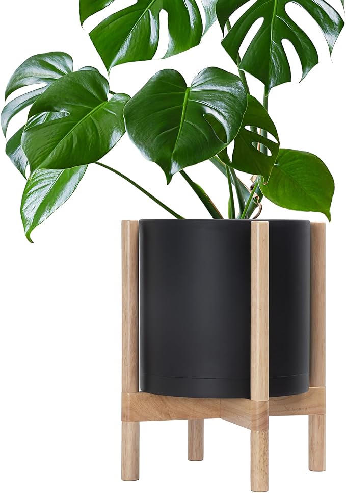 D'vine Dev Planter Pot with Stand - 12 Inch Plastic Cylinder Flower Pot with Wood Planter Holder for Indoor, Matte Black Pot + Natural Stand, 55-C-P-2