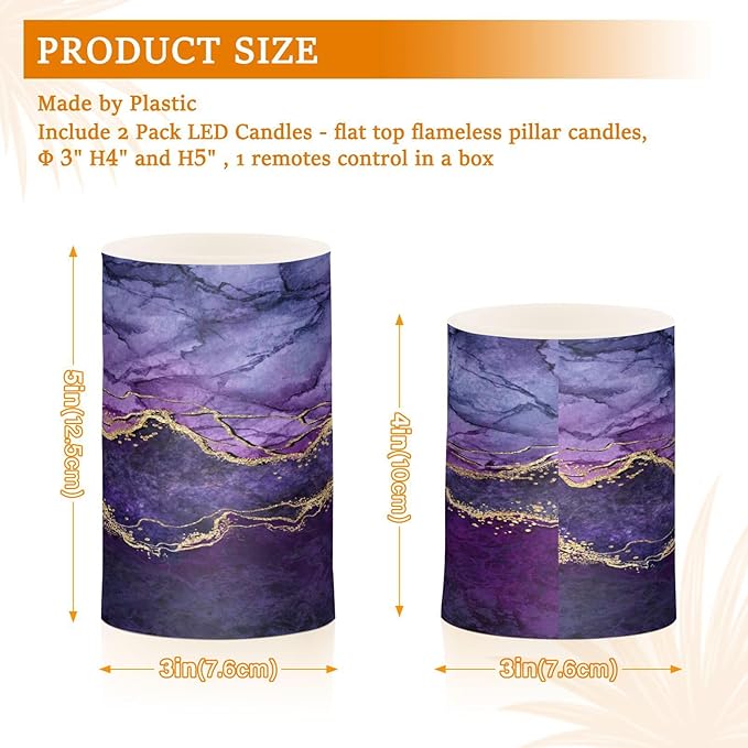 Flickering Flameless Candles, Purple Marble with Golden Veins LED Candles with Remote Timer, Set of 2 Battery Operated Candle for Valentine Wedding Birthday