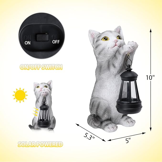 Afirst Solar Cat Statue Garden Decor, Outdoor Statue Decor with Solar Lantern Lovely Cat Figurine Patio Lawn Yard Art Ornaments Housewarming Gift