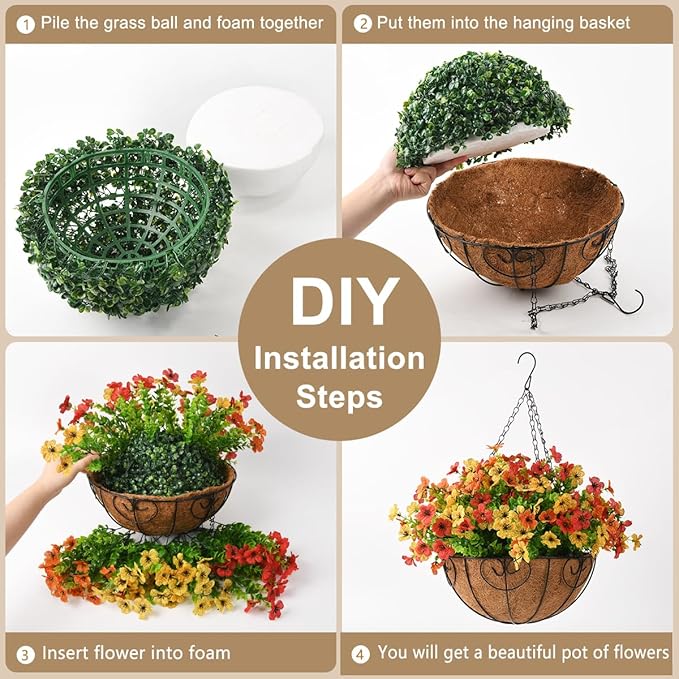 Artificial Faux Hanging Plants Flowers Basket for Spring Outdoor Decoration, Fake Silk Daisy in Planter Realistic UV Resistant Look Real for Porch Home Patio Balcony Yard(Red Orange Yellow)