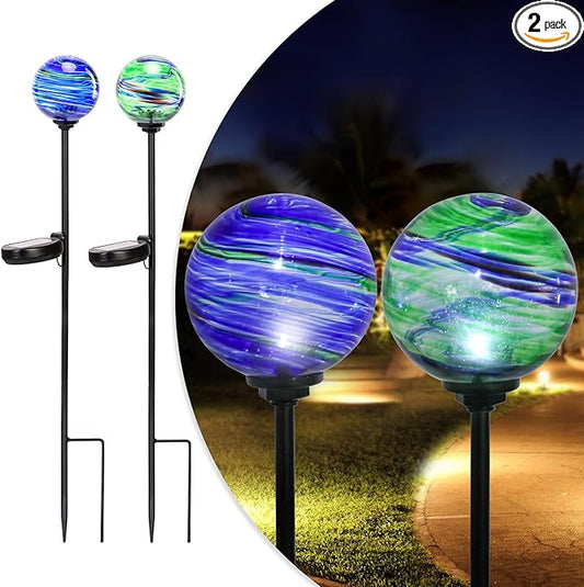 Solar Outdoor Decorative Lights Color Swirl Solar Garden Stake Glaze Glass LED Solar Garden Globe Lights Outdoor Decorative Lights for Pathway Yard Lawn Decoration 2 Pack Blue&Green