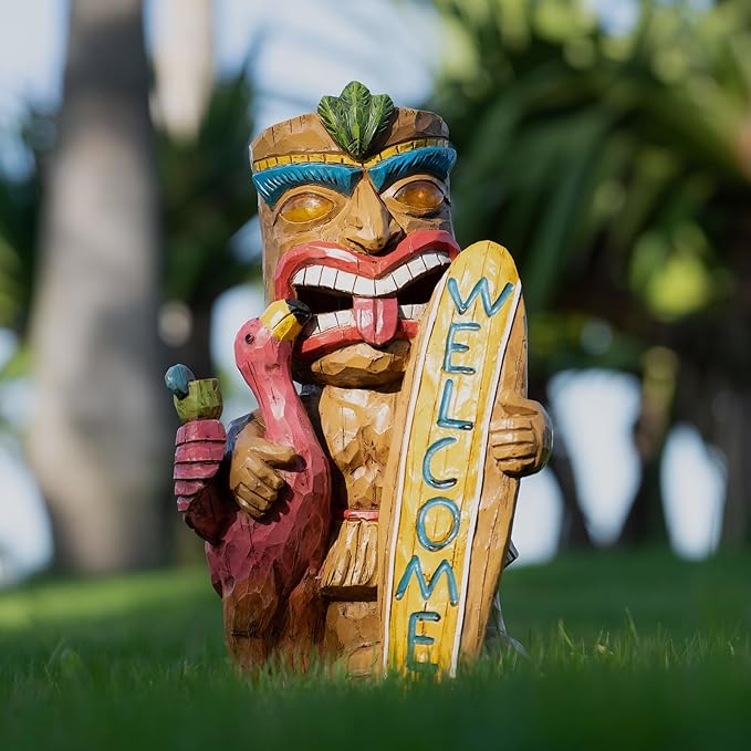 Welcome Tiki Statue with Surfboard Flamingo-Solar Outdoor Decor - Tiki Man with Automatic Switch On Flickering Eyes LED Light for Tiki Bar Decorations, Patio, Balcony, Yard,Lawn,Gifts