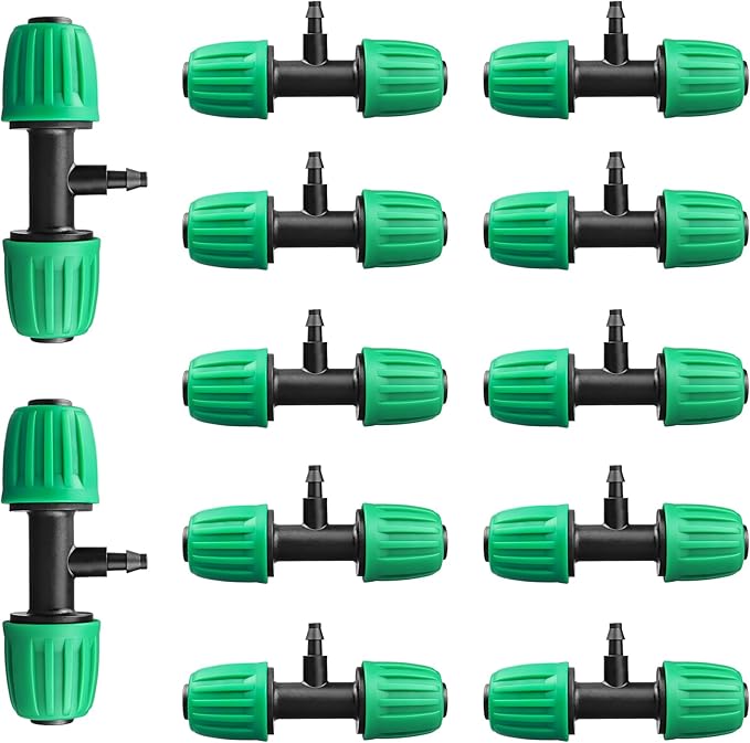 Drip Irrigation Fittings for 1/2 inch Tubing(0.63" OD) to 1/4 inch Irrigation Tubing, 12 Pieces Barbed Tee Drip Parts Twist Locked 3 Way Connectors for Drip Irrigation Hose (13mm ID / 4mm ID)