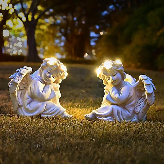 Angel Statue Garden Decor for Outside Solar Outdoor Decorations Patio Cherub Christmas Yard Porch Home Lawn Art Light up Figurine Memorial Sculpture Gift for Mom Mother Grandma