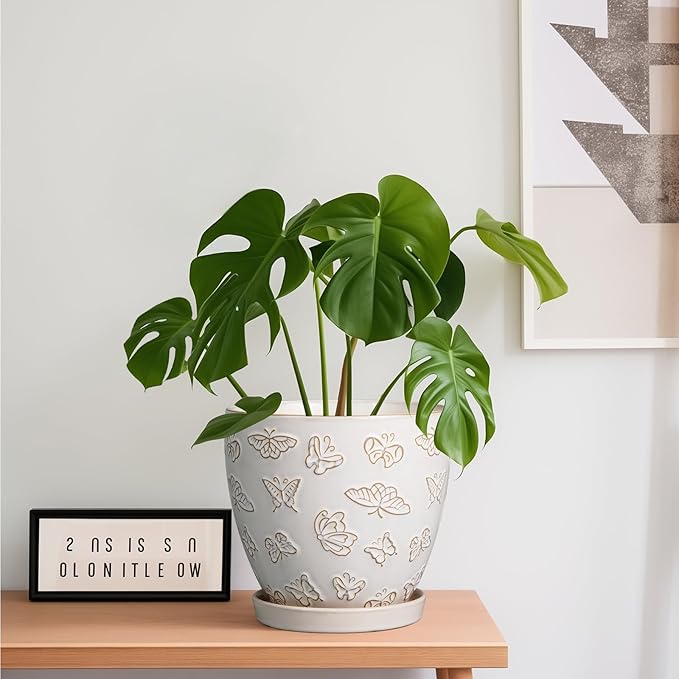 Ceramic Planter Pot - 6 Inch Plant Pot with Drainage Hole and Saucer, Succulent Round Flower Pot for Plants Indoor Outdoor, White