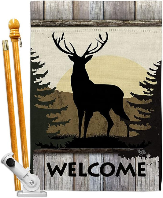 Welcome Deer House Flag Set Animals Wildlife Outdoor Bear Wolf Pet Nature Farm Animal Creature Decorative Yard Banner Double-Sided Made In USA 28 X 40