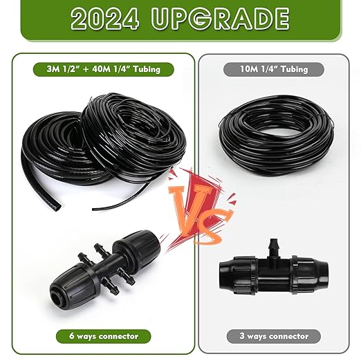 Drip Irrigation System, Flantor 141FT Garden Watering System Adjustable Greenhouse Drip Irrigation Kit with 1/2 inch & 1/4 inch Irrigation Tubing for Garden, Patio and Lawn