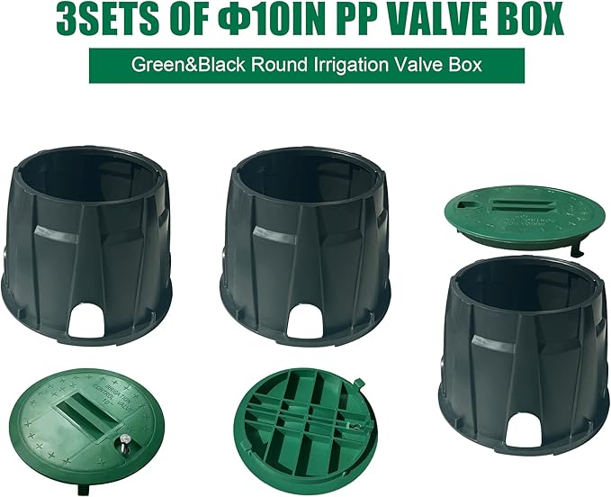 3 Pcs 10 In Sprinkler Valve Boxes, Durable PP Round Irrigation Valve Box for Garden Yard Outdoor Lawn Grassland Ground Farm, Green&Black Water Meter Box