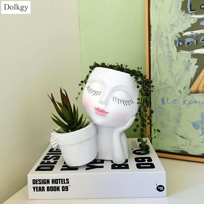 Head Planter Face Flower Pot, Dolkgy Woman Face Planter Unique White Head Planters for Indoor Outdoor Plants, Novelty Plant Pot Cute Lady Head Vase with Drainage Hole for Home Garden Succulents Cactus
