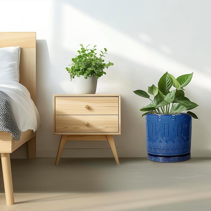 12 Inch Pot for Plants - Ceramic Planter for Indoor Plants Large Plant Pot with Drainage Holes and Saucer Outdoor Flower Pot Decorative Round Planter for Porch Office Decor Blue