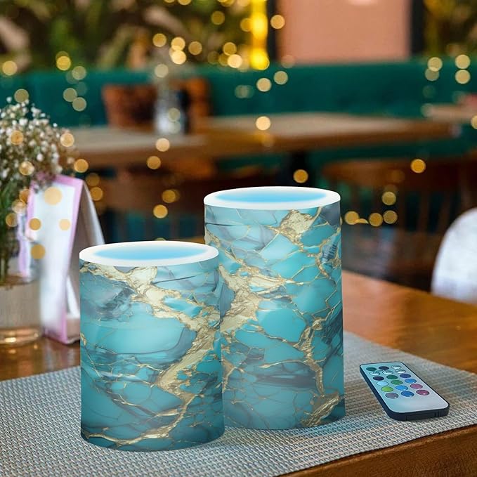 Flickering Flameless Candles, Turquoise Golden Marble LED Candles with Remote Timer, Set of 2 Battery Operated Candle for Valentine Wedding Birthday