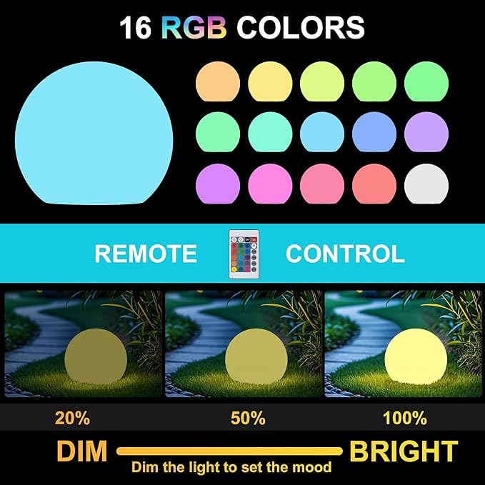shumi Solar Ball Light Outdoor Decorative-8 inch Outdoor Waterproof Powered Ball Lights with Remote Control,16 RGB Colors Globe Light for Garden,Backyard,Pathway,Poolside
