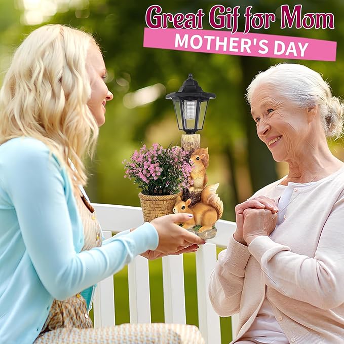 Solar Squirrels Outdoor Statues, Garden Sculptures with Flowerpot Decor & Solar Lantern for Yard Art Lawn Ornaments Porch Patio Balcony - Birthday Gifts for Women Mom