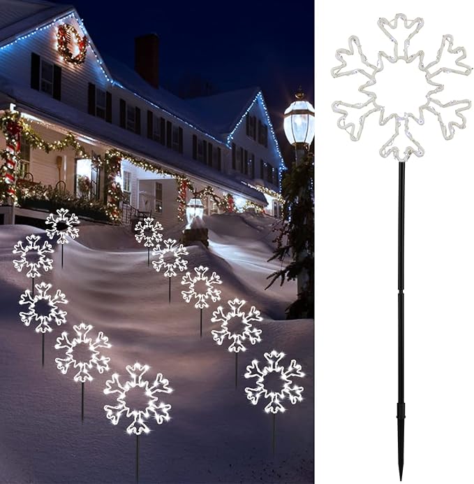 Snowflake Lights Outdoor, 5 Large Snowflake Christmas Pathway Lights Outdoor Christmas Decorations Yard Sidewalk Walkway Driveway Marker Stake, White