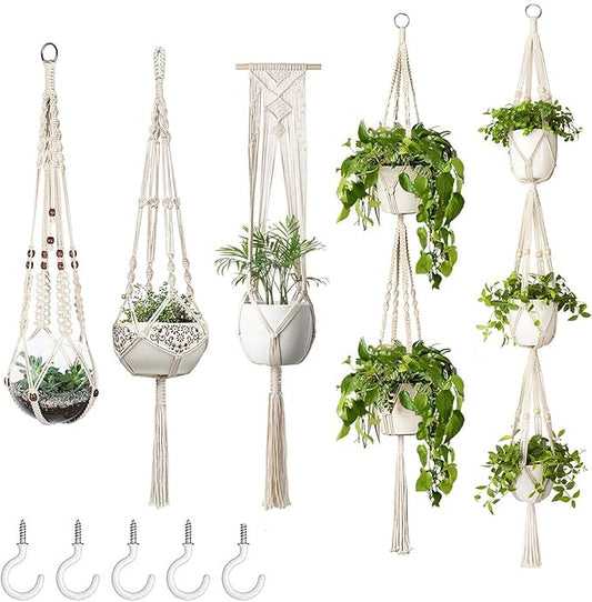 Mkono Macrame Plant Hangers, 5 Pack Different Tiers Indoor Hanging Planters Basket with 5 Hooks Decorative Flower Pots Holder Stand Boho Home Decor, Ivory