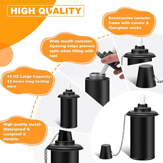 6 Pack Torch Canisters,16oz Replacement Torch Refillable Canisters with Wicks,Caps, Outdoor Citronella Fuel Torch Canister for Luau Party, DIY Garden Decor.