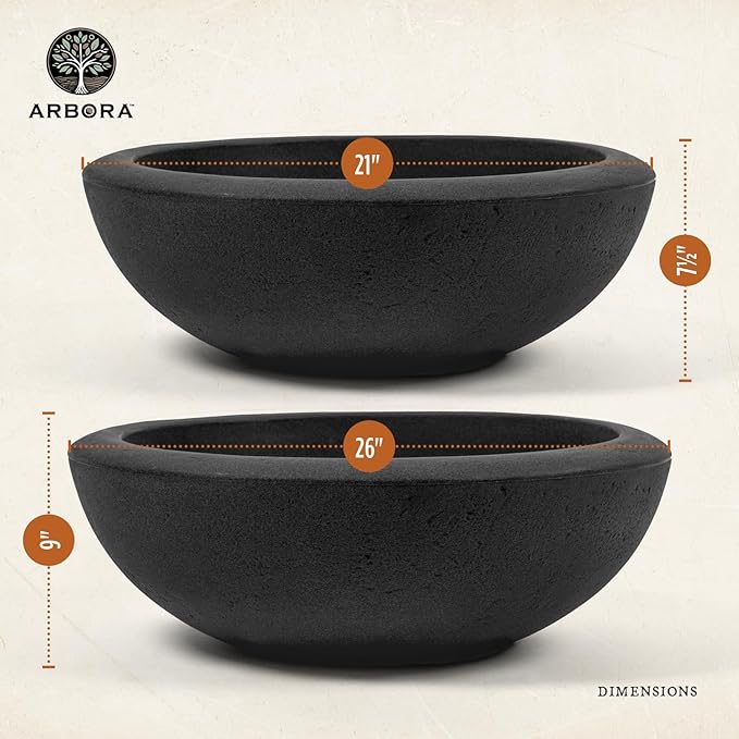 ARBORA 26" Santorini Bowl Polyresin Indoor and Outdoor Planter with Classic Black Finish - Durable, Weatherproof, Lightweight, Large Plant Pot for Patio, Garden, Deck, Entryway