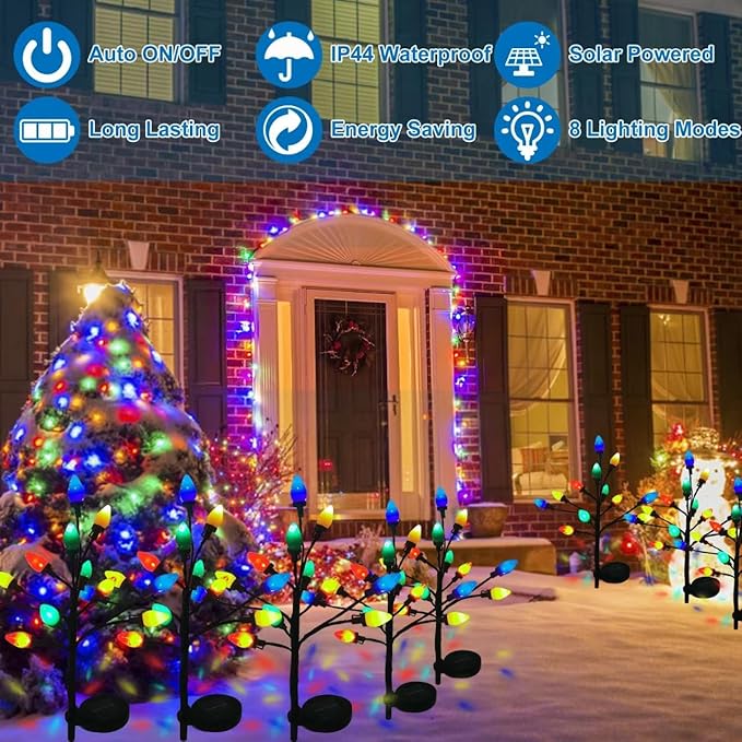 C7 Solar Christmas Lights Outdoor, 4Pack Christmas Pathway Lights with 48 LED Strawberry Multicolor Lights, 8 Modes Outdoor Waterproof Christmas Decorations Lights for Garden,Yard,Pathway (4 Pack)