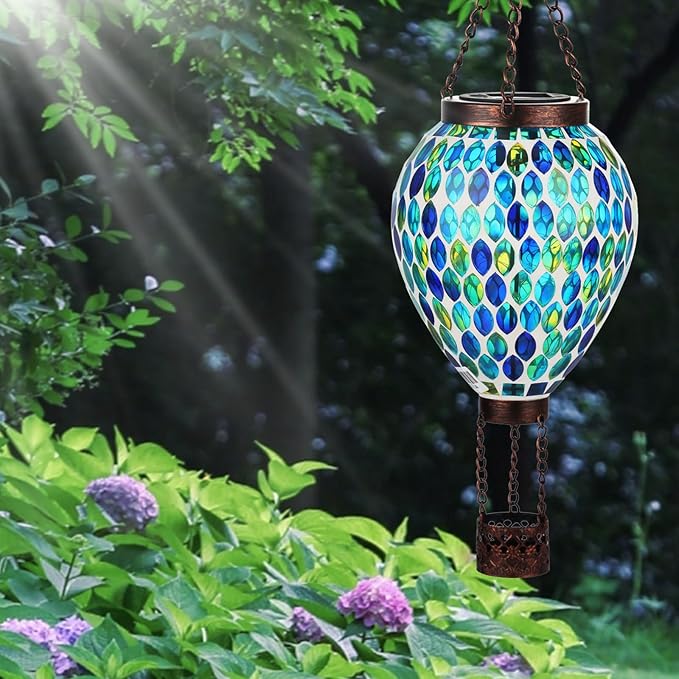 VOREEN Hot Air Balloon Solar Lantern, Mosaic Solar Outdoor Hanging Wind Light, Waterproof, Patio Festive Decor, Easter Gifts for Mom Father Grandma, Blue