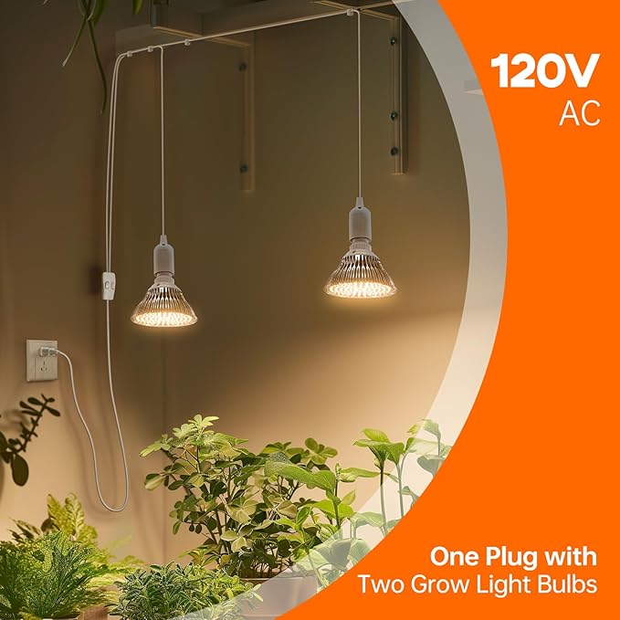 Hanging Grow Light, 50W (25W X 2), One Cord Double Head, Led Grow Lights for Indoor Plants, Full Spectrum, Grow Lights for Seed Starting, Hanging Plant Light Bulbs with 16.4FT Power Cord