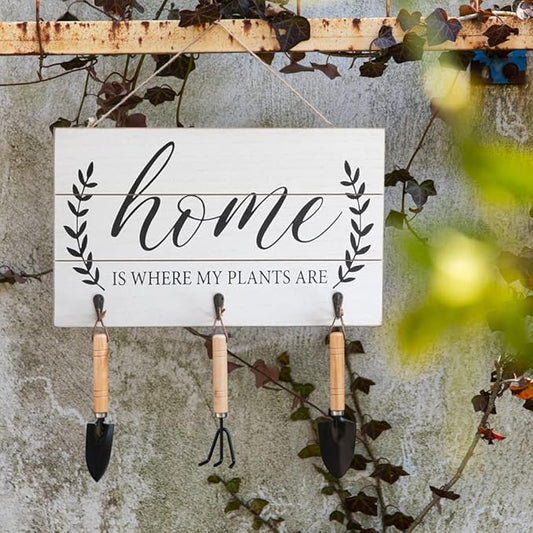 COLLECTIVE HOME - Garden Decor with Tools, Inspirational Wood Hanging Signs, Garden Tools Set - 3 Piece, Out Door Decor with Hooks, Home is Where My Plants are, 15.75"x9.5" (White)