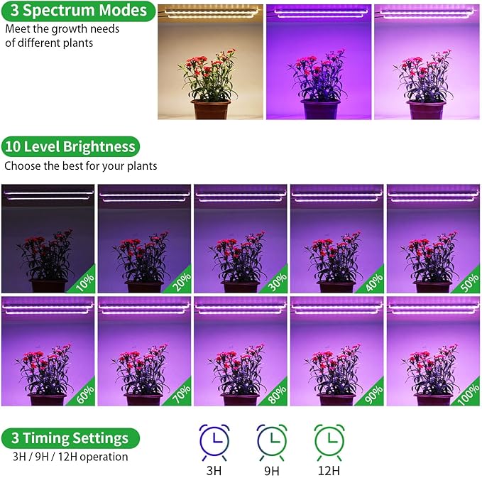 Two Strip Growing Lamp for Indoor Plants, Red & Blue & Yellow Full Spectrum LED Grow Light Strips with Auto ON/Off 3/9/12H Timer,10 Dimmable Levels for Green House Succulent (13 in)